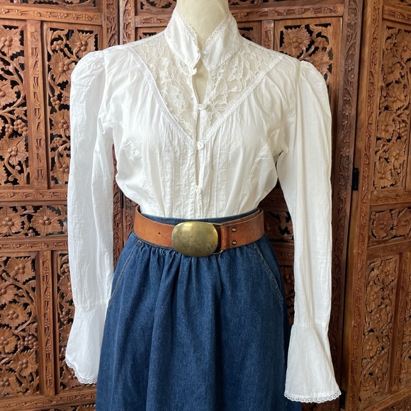 Passport Tops - Victorian-Inspired Western White Cotton Lace High-Neck Button Down bell sleeve
